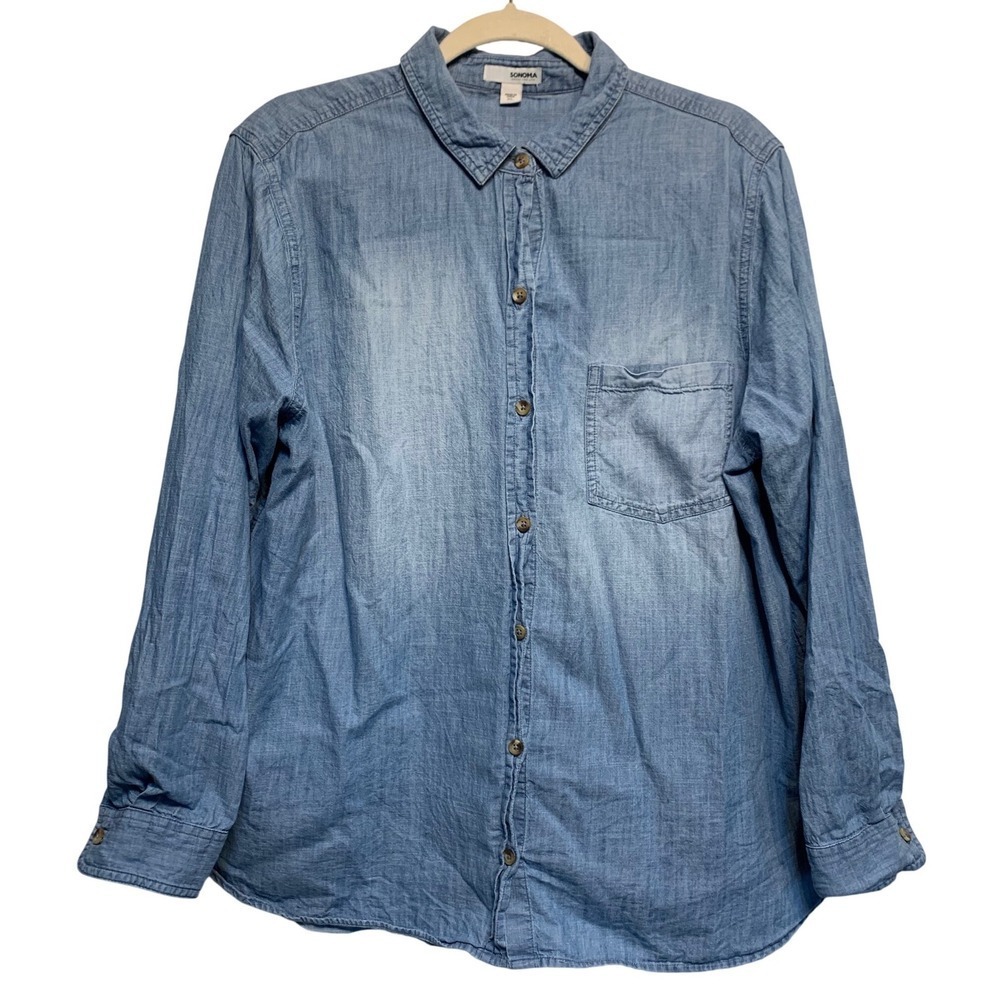 SONOMA Womens Denim Chambray Button Down Shirt XL Blue Cotton western cowgirl